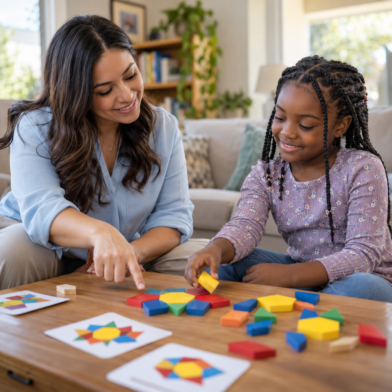 Therapist supporting a child during an activity at home