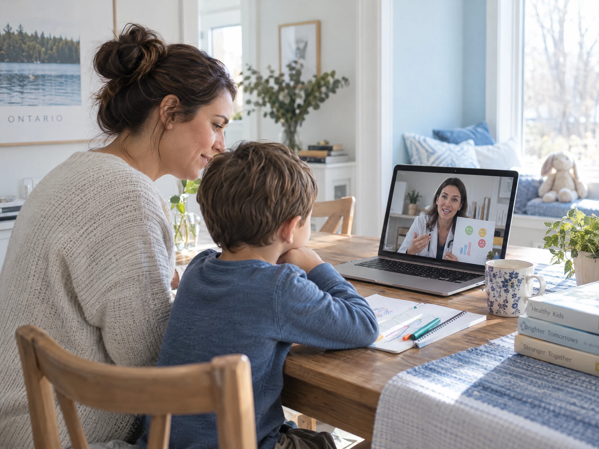 Caregiver and child receiving live clinician guidance during a virtual ABA session