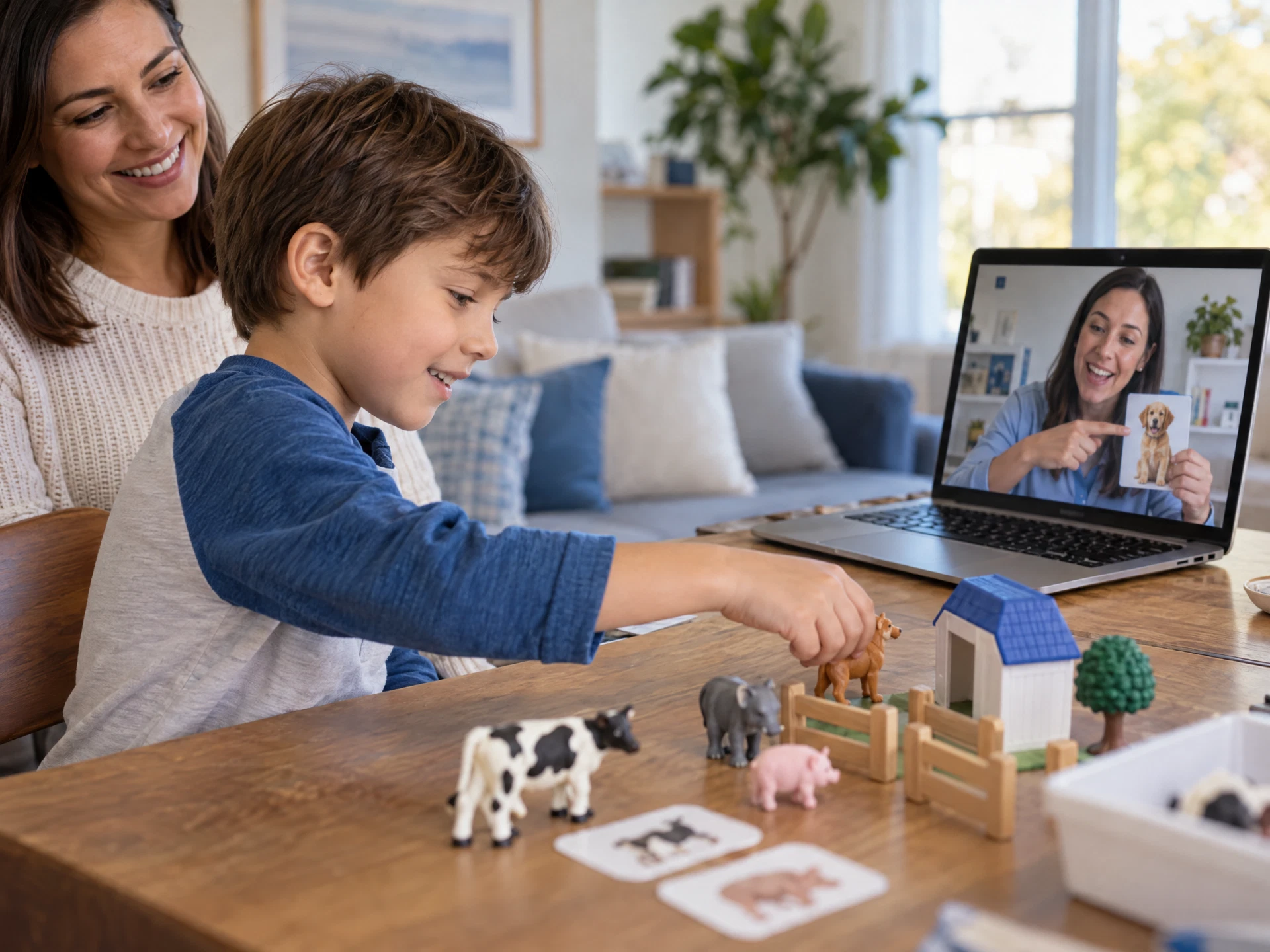 Child participating in an activity beside a laptop
