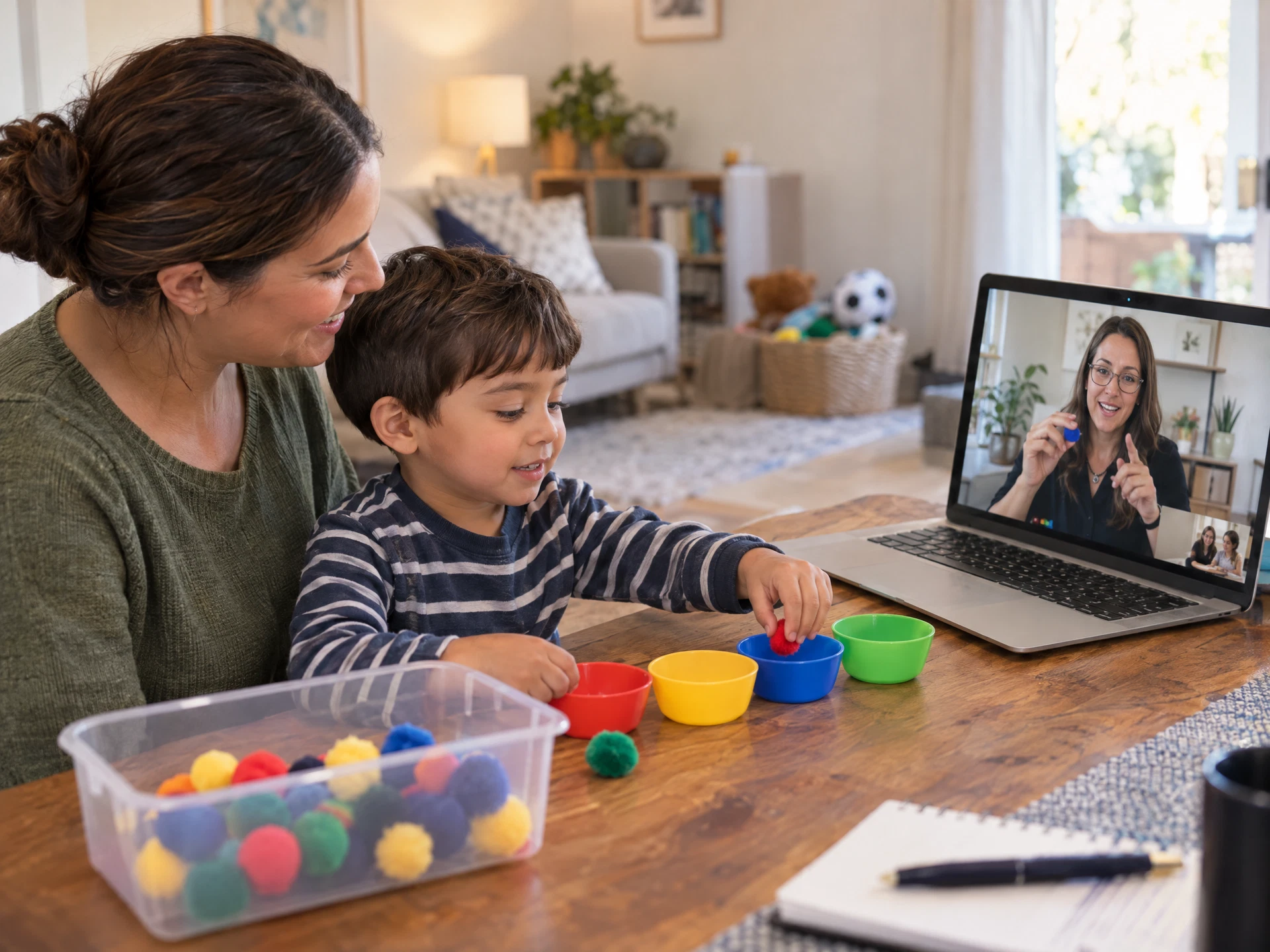 Parent supporting a child during a virtual session