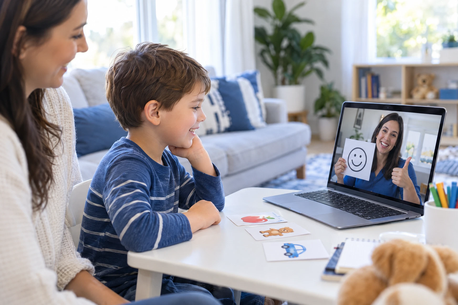 Child and caregiver participating in a live virtual ABA session with a clinician on a laptop