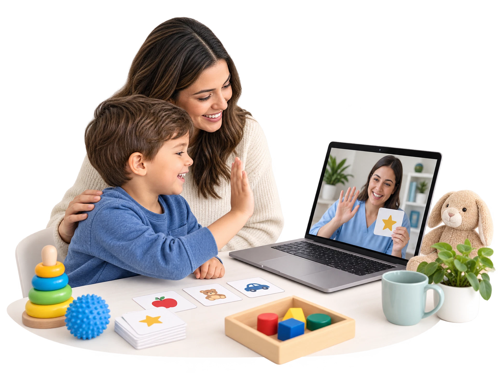 Child and caregiver participating in live virtual ABA support at home
