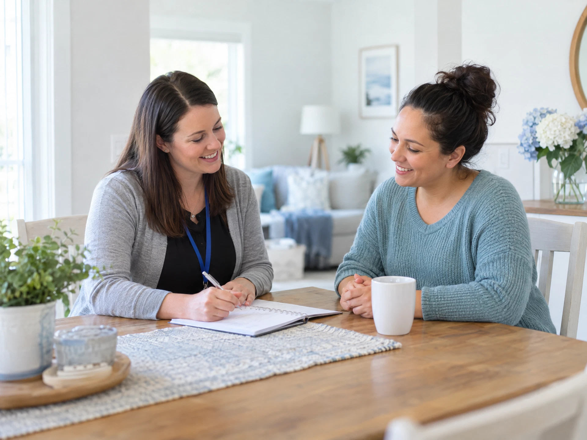 Instructor therapist and caregiver collaborating in a welcoming home setting