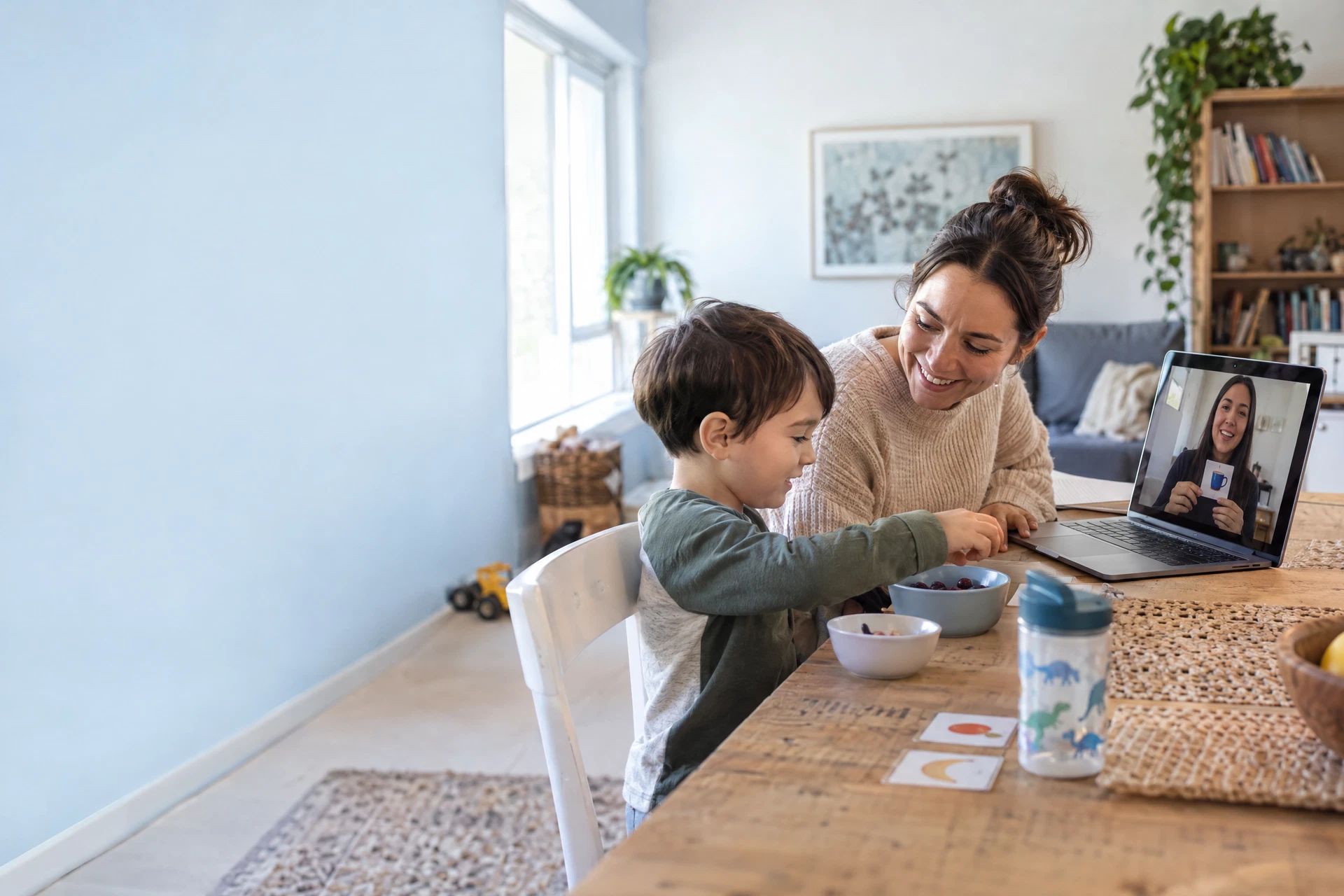 Family using live online support during a normal home routine