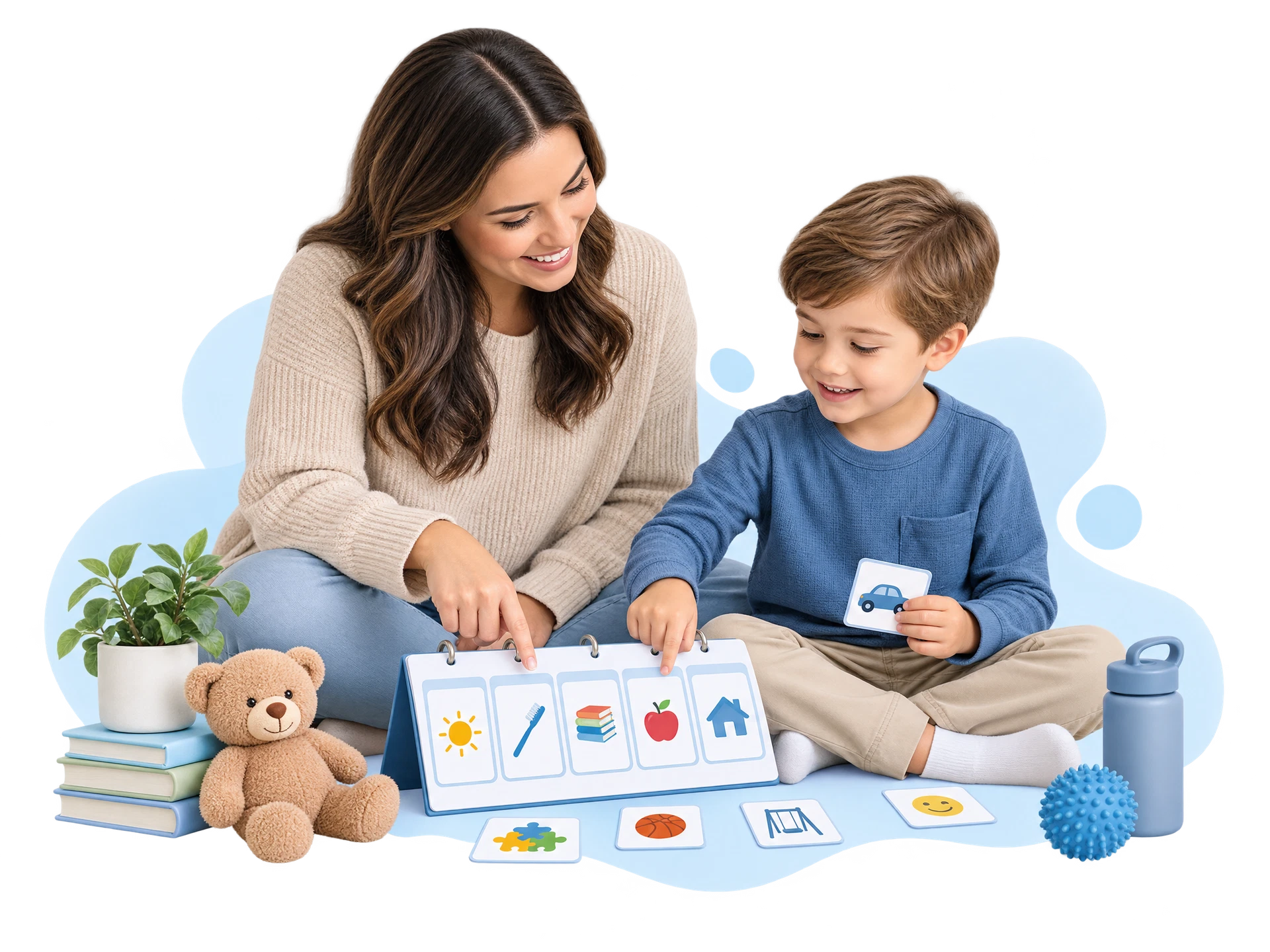 Supportive adult and child using visual supports together at home