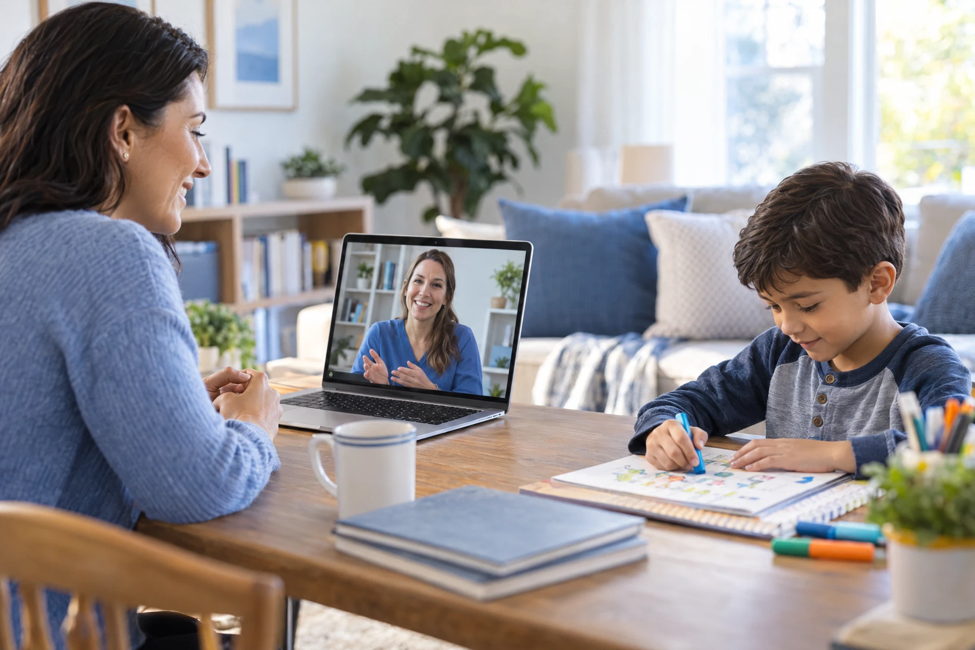 Parent speaking with a clinician on a laptop while a child engages in a nearby home activity