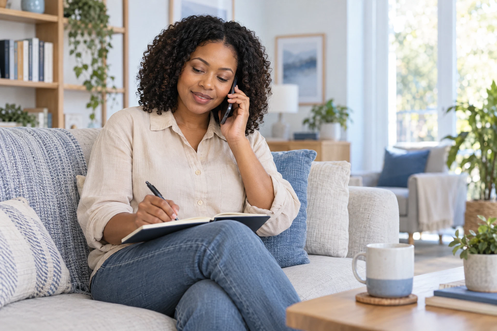 Black female therapist speaking on the phone at home