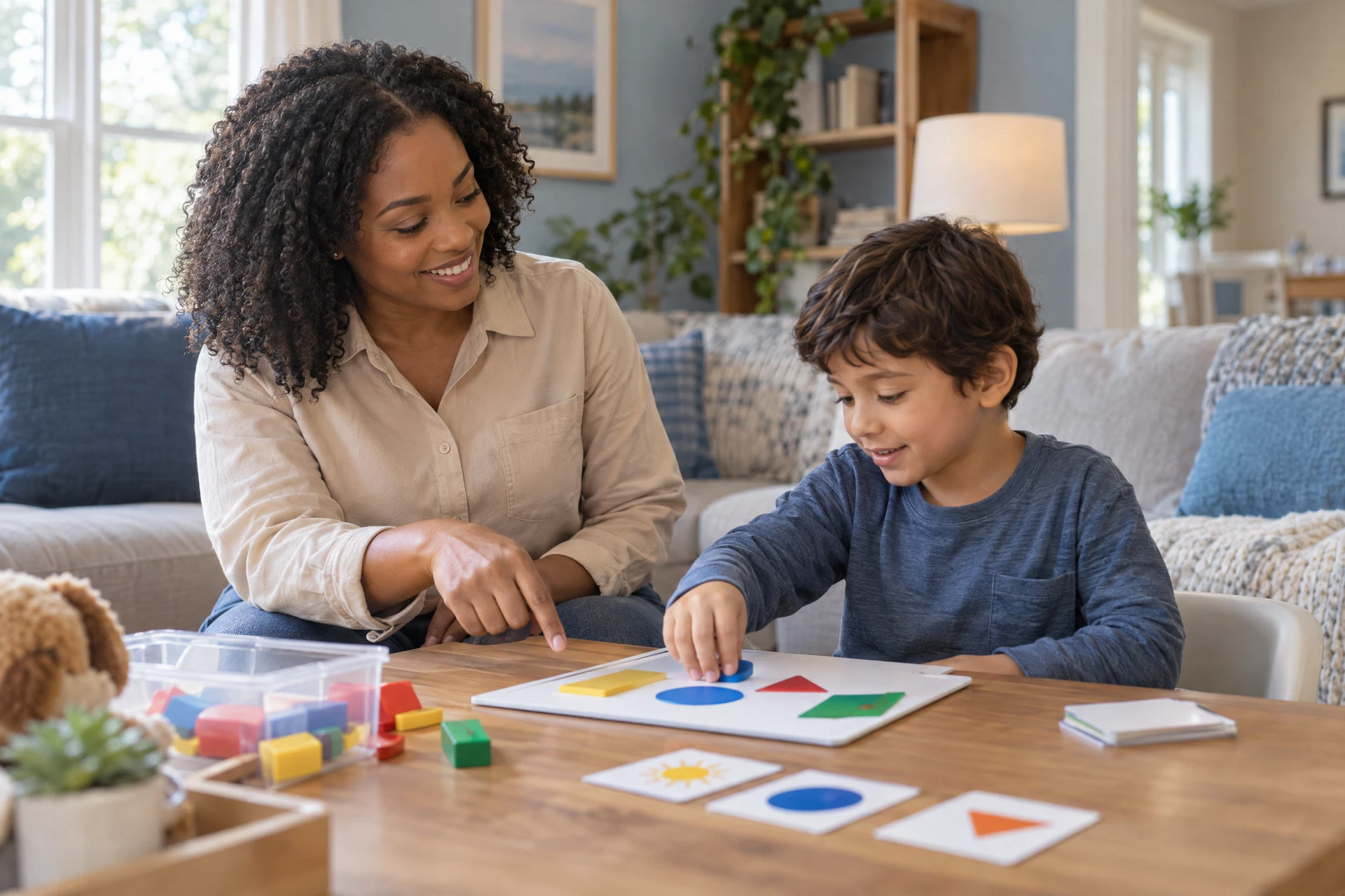 Black female therapist supporting a child in a client home