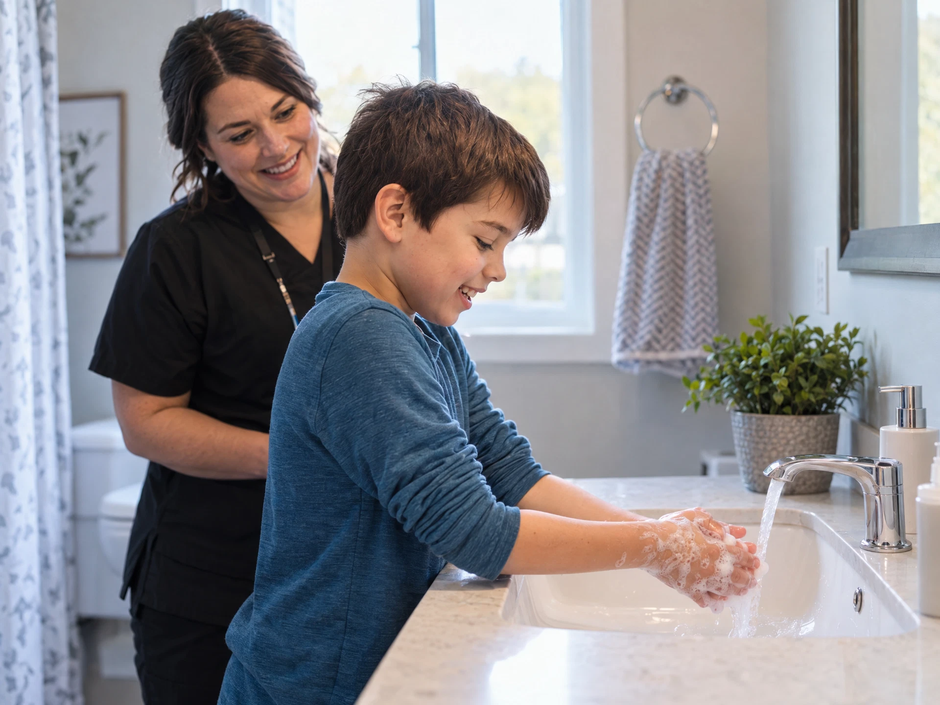 Child practising an age-appropriate routine with nearby support