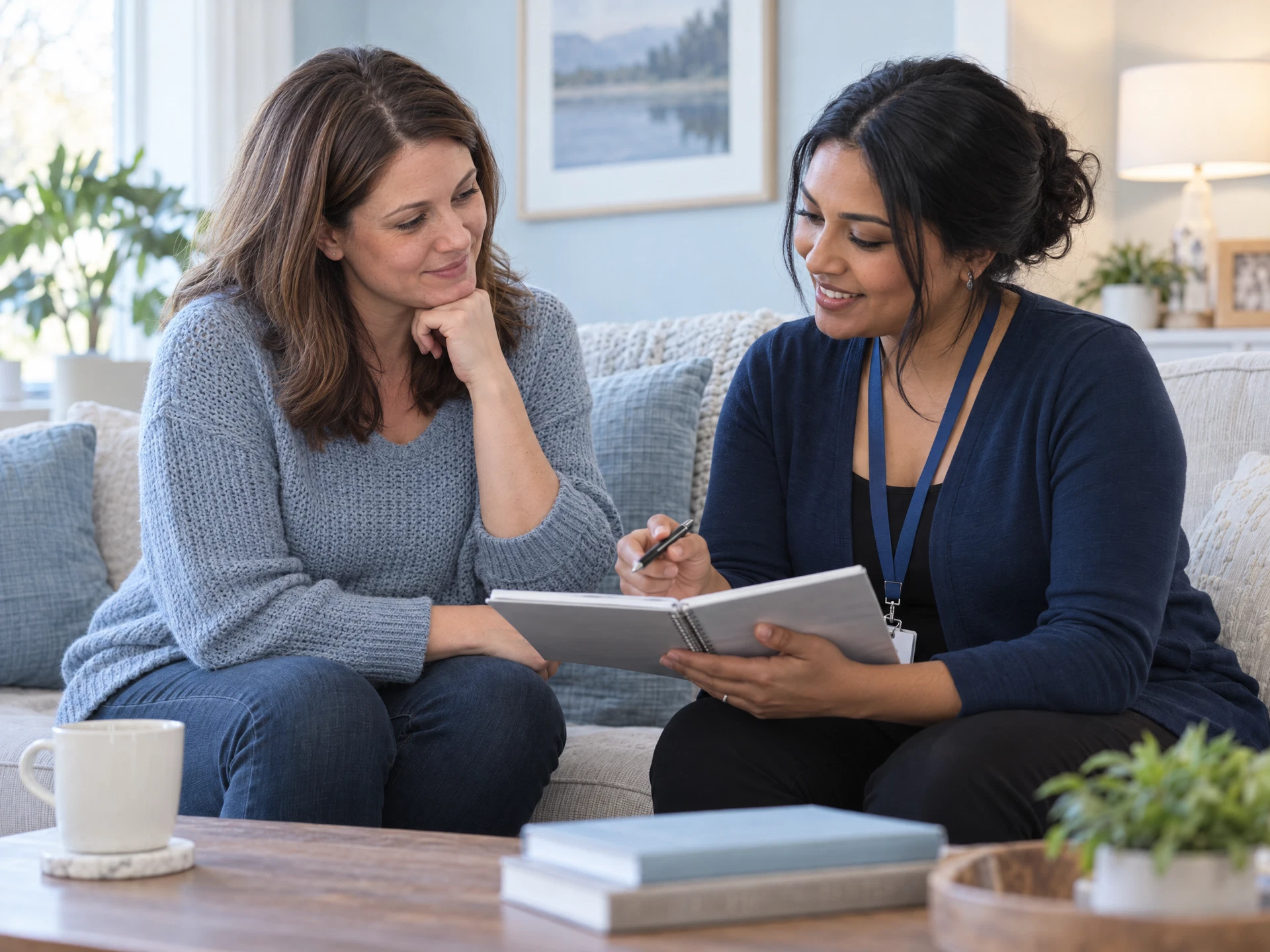 Parent and care professional having an attentive conversation at home