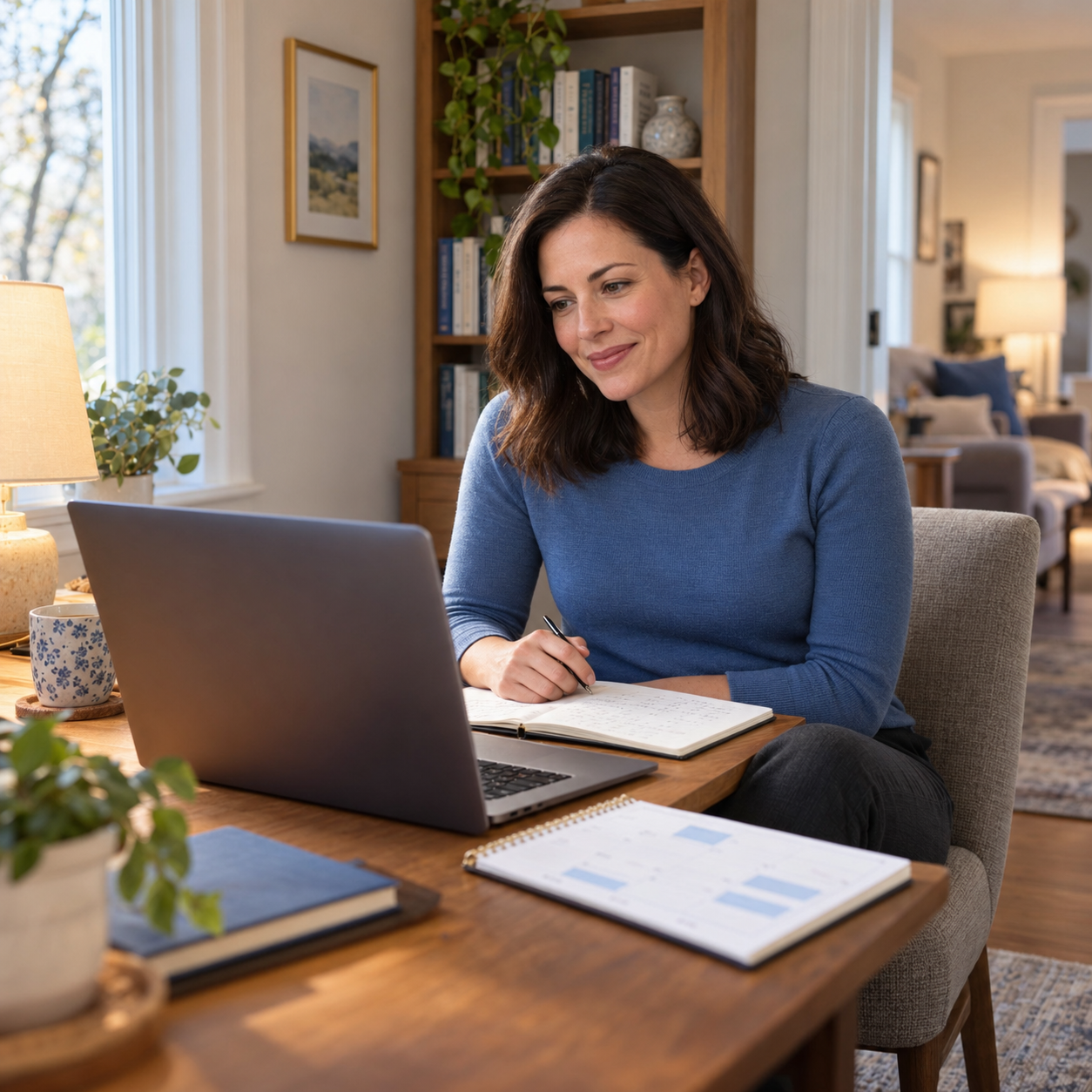 Experienced clinician working thoughtfully from a home office