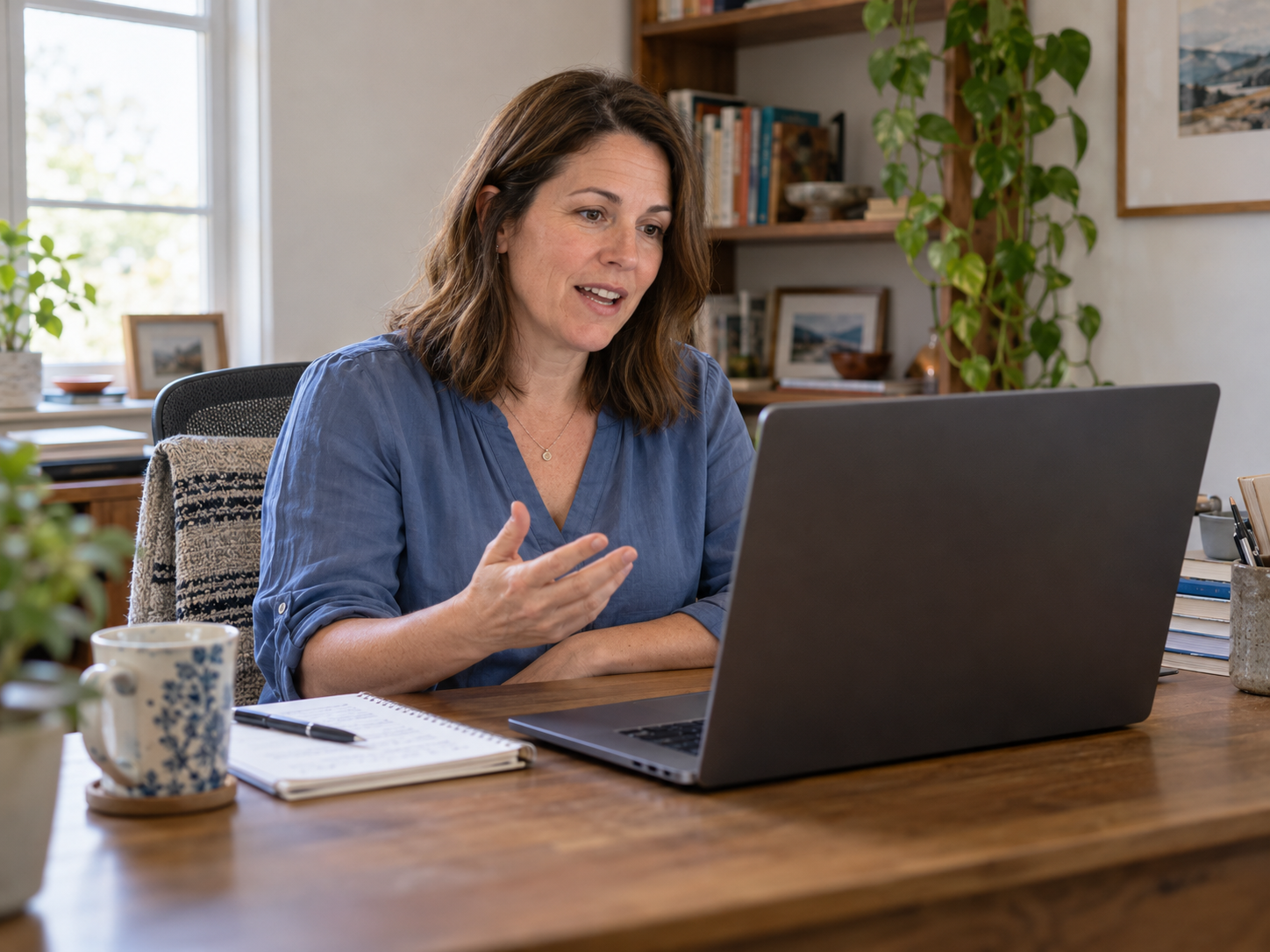 Experienced clinician in a bright home office during a professional video conversation