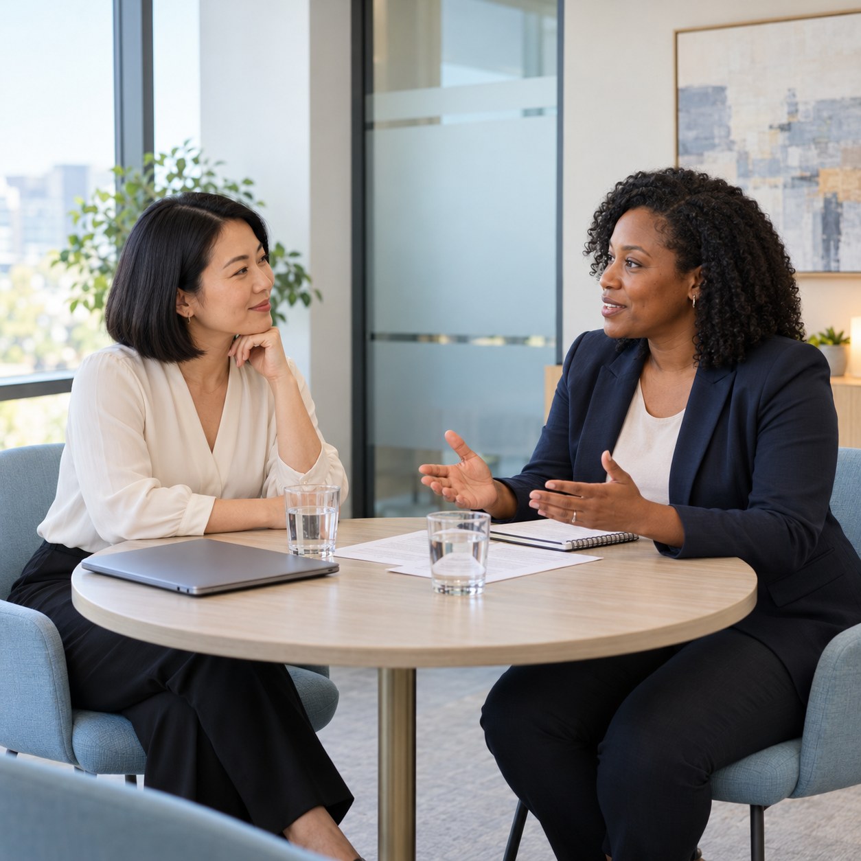 Two clinicians discussing a focused professional commitment